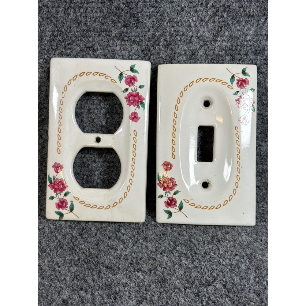 Vintage Ceramic Pink Rose Floral Switch Plate and Outlet Cover Set White Gold